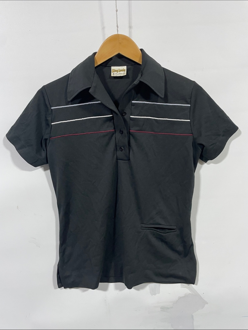 Vintage 1970s king Louie Black Polo with White and Burgundy Piping